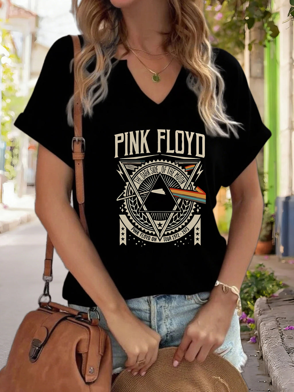 Women's V-Neck "Pink Floyd Dark Side of The Moon" Graphic Tee, Retro