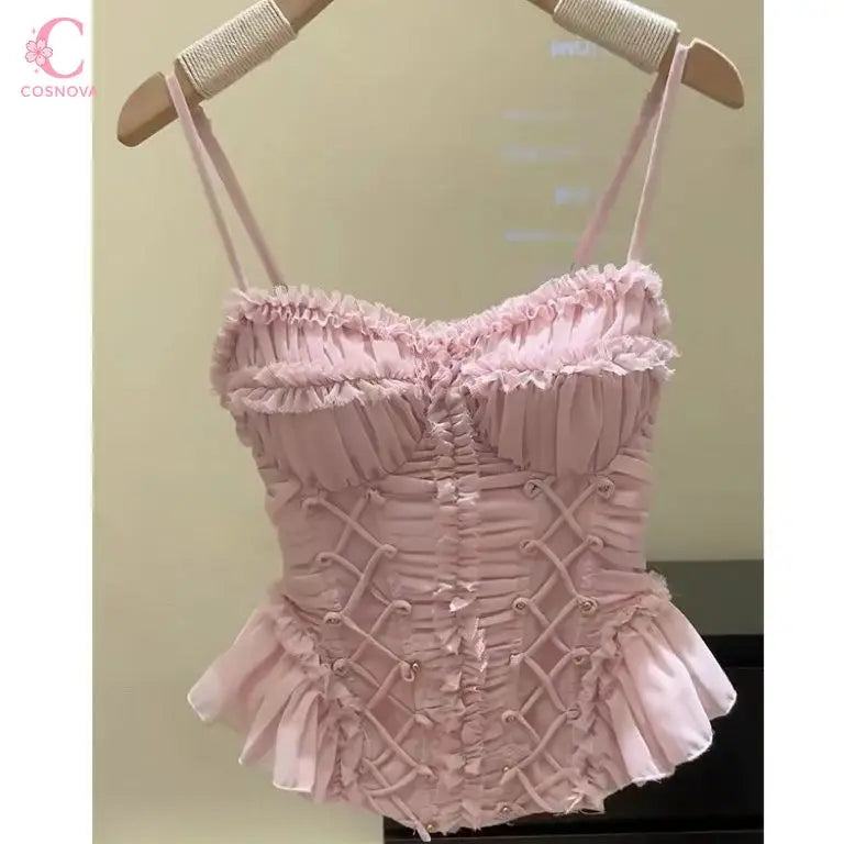 Elegant Sweet Korean Pink Spaghetti Strap Ruched Lace Up Ruffle Trim