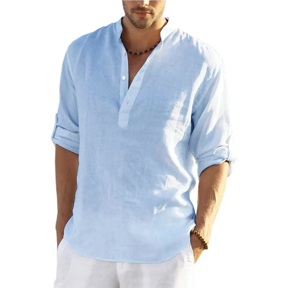 2022 New Men's Casual Blouse Cotton Linen Shirt Loose Tops Long Sleeve