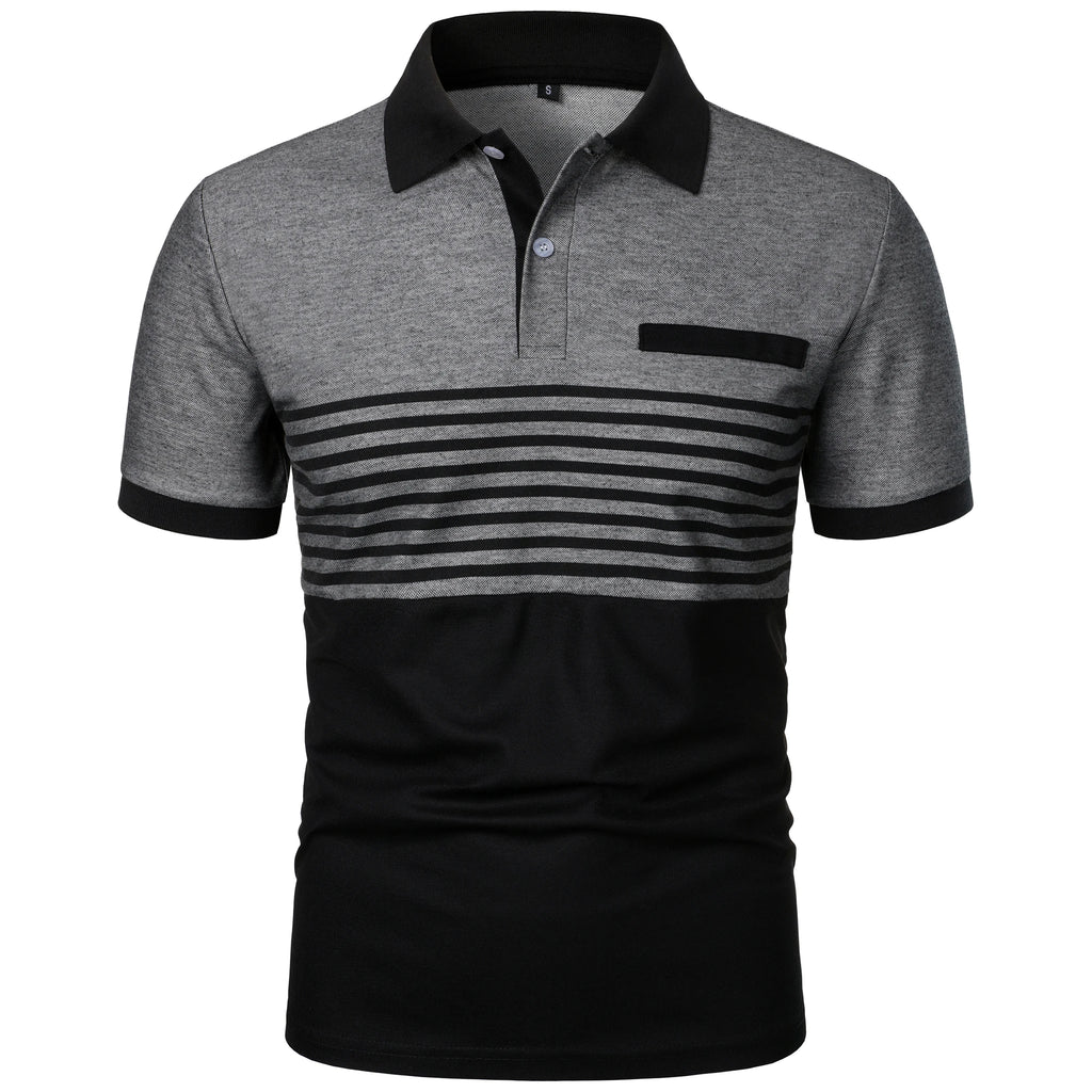 Men's color-matching striped short-sleeved lapel T-shirt casual top