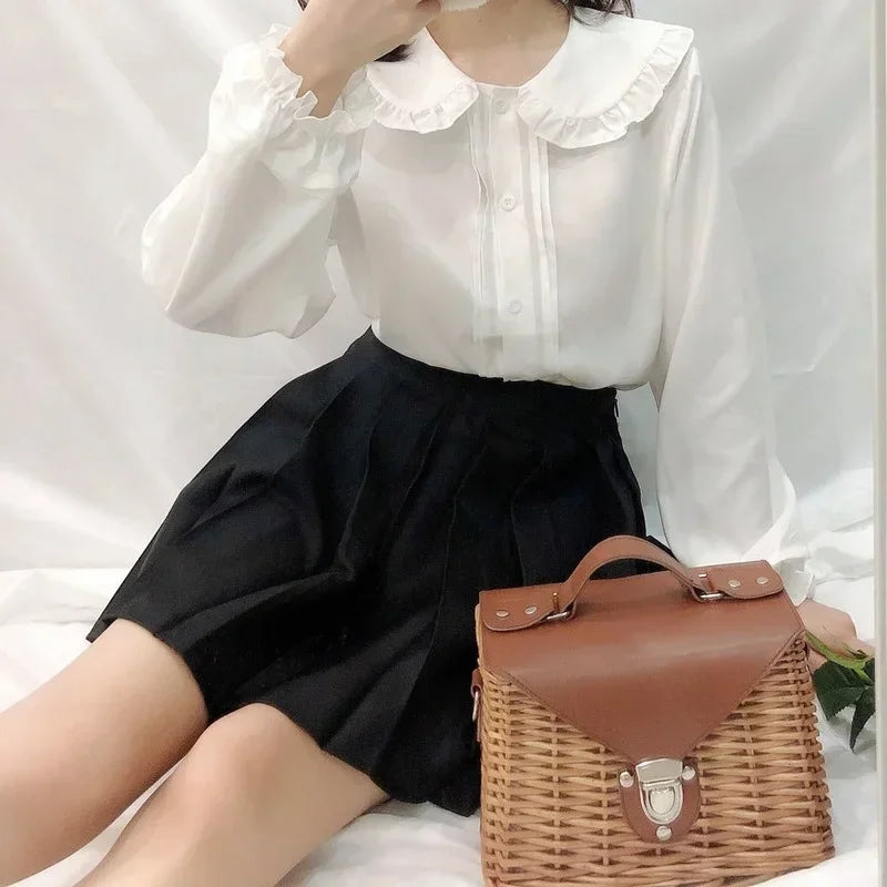 White Shirt Women Kawaii Peter Pan Collar Blouses Button Up Long