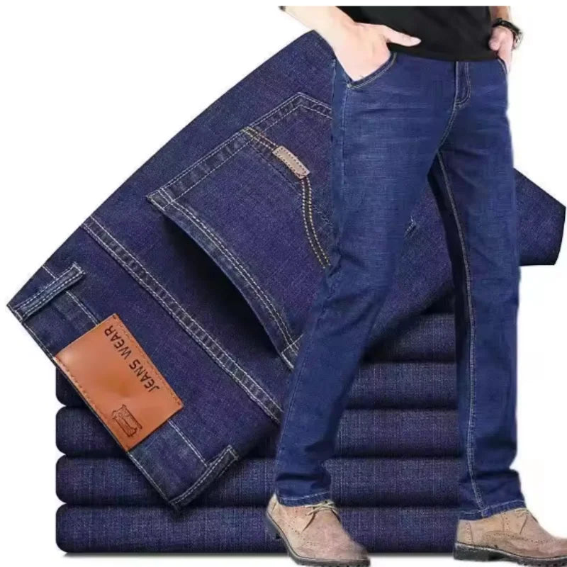 New men's straight leg jeans classic black blue micro elastic casual