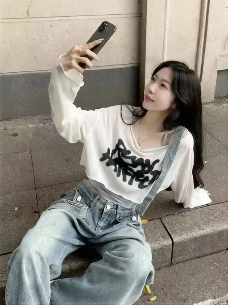 Y2k Summer Two Piece Oversize Cropped T Shirt Tank Top Set Women Short