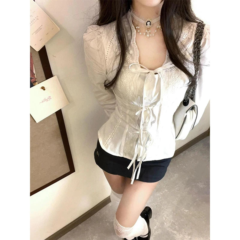 Kawaii Cropped White Shirts Women Fashion Cutecore Lace Bandage