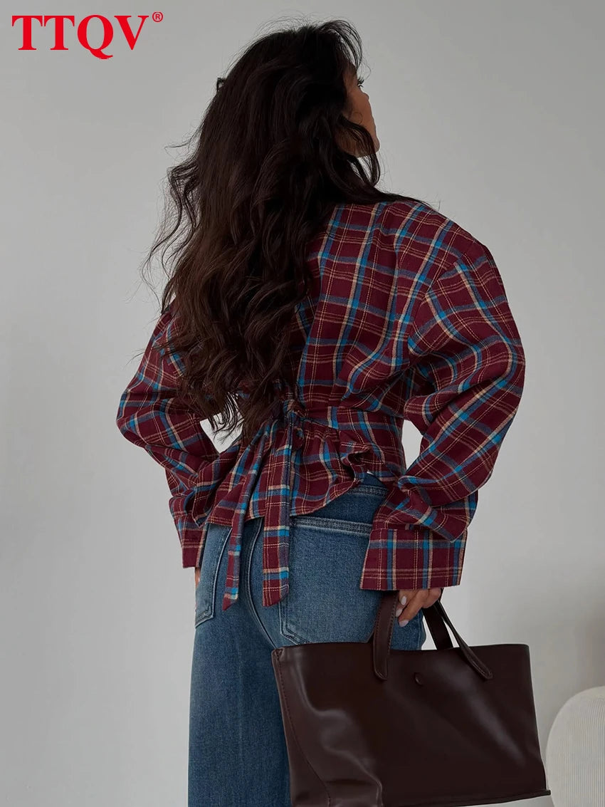 TTQV Fashion Loose Plaid Women's Blouse 2026 Vintage Lapel Long Sleeve