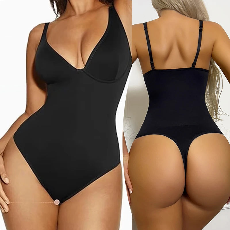 GUUDIA Sexy V Neck Bodysuit Thong Tummy Control Bodysuit Seamless