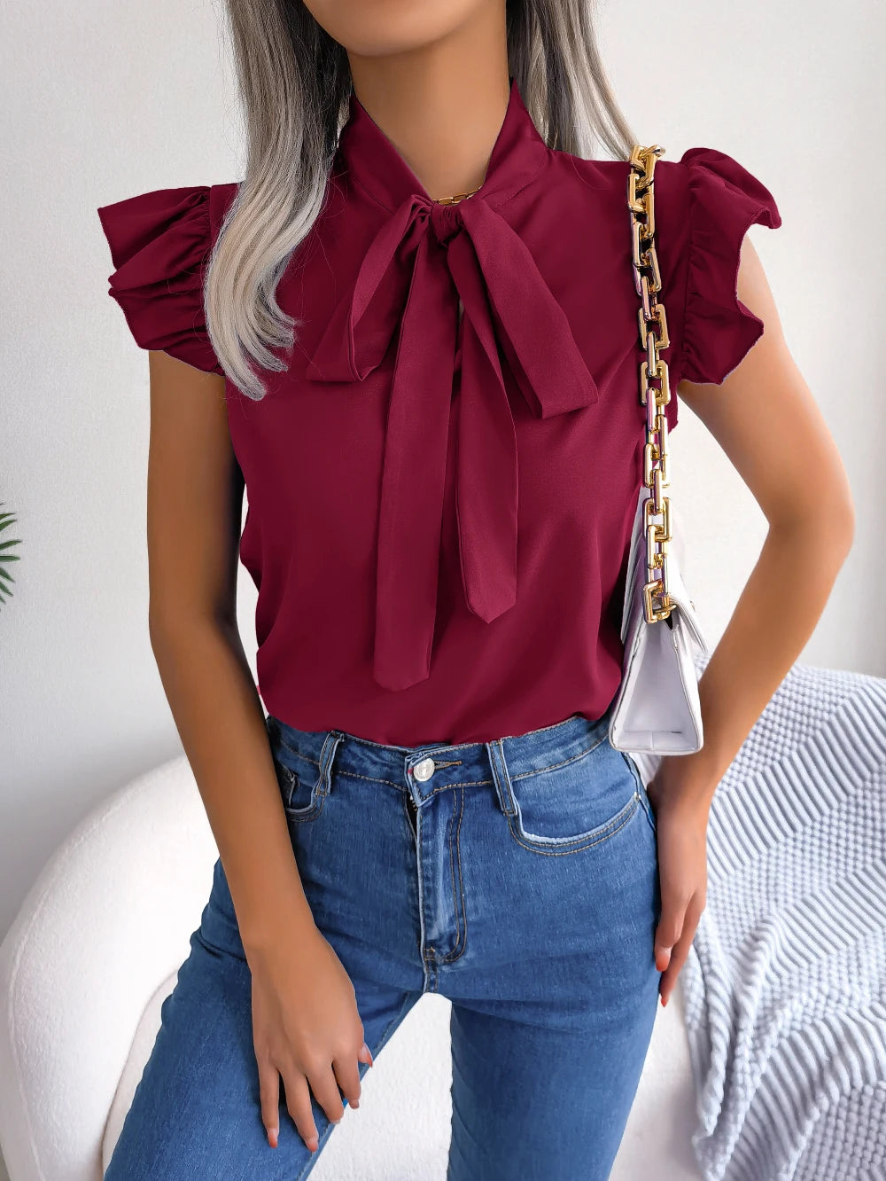 Women's Casual Bow Ruffle Short Sleeve Chiffon Blouse V Neck Lace Up