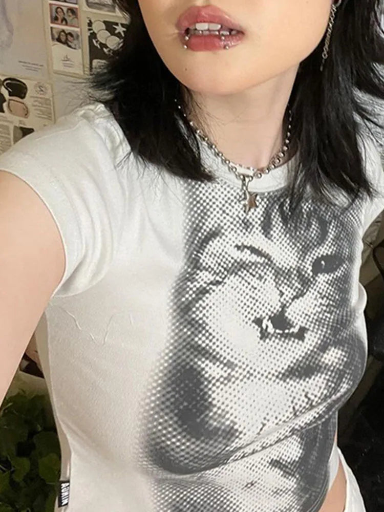 Harajuku Animal Print Crop Top Basic White Short Sleeve Crewneck
