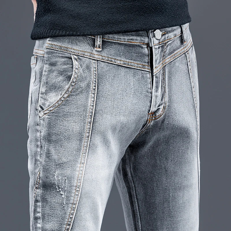 2026 New Men's Stretch Jeans Gray Slim Fit Small Feet Anti-wrinkle
