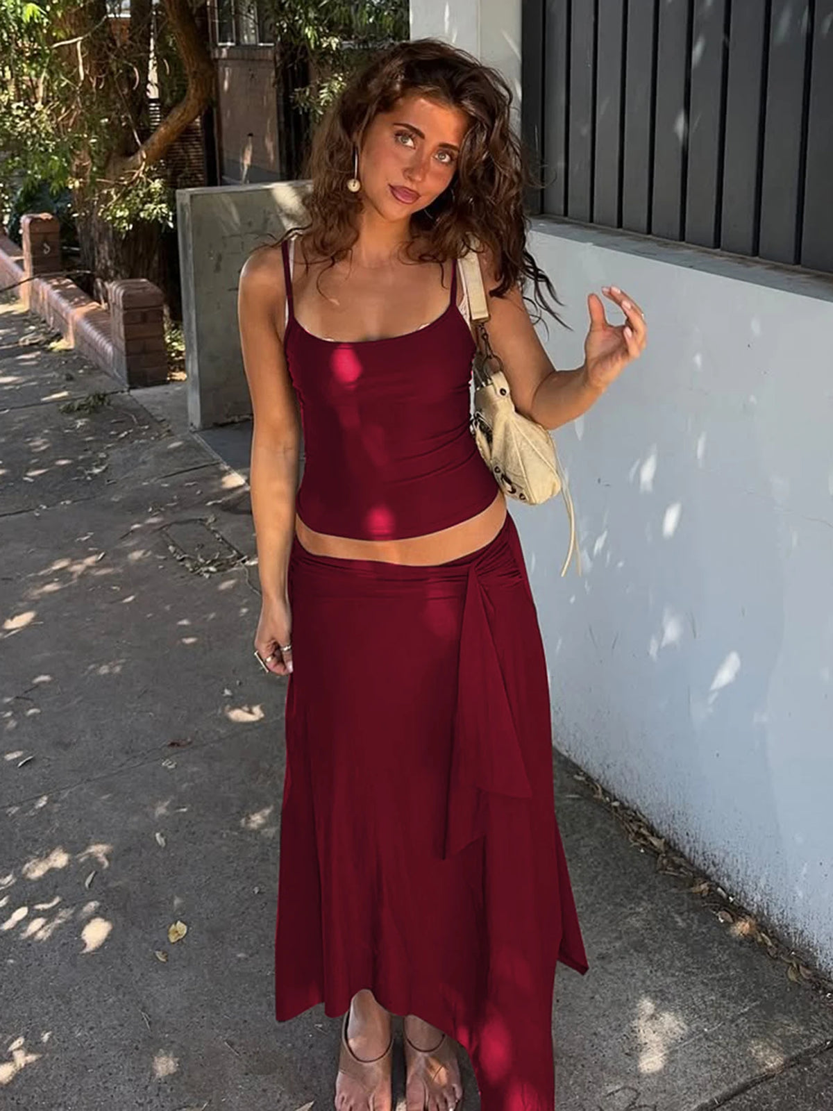 Hugcitar Fashion 2 Pcs Sest Solid Slips Sexy Slim Crop Camis Top