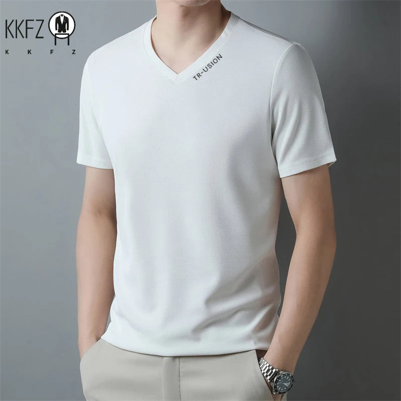New Men's Casual and Fashionable V-neck Solid Color Short Sleeved