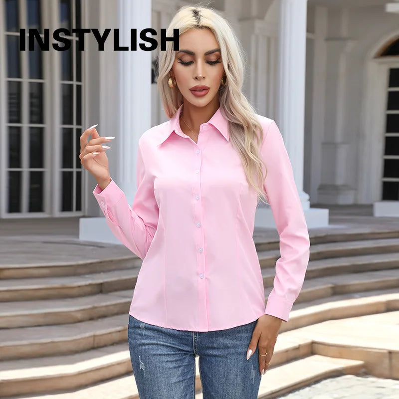 Women Elegant Solid Button Shirt Chiffon Blouse Spring Summer Casual