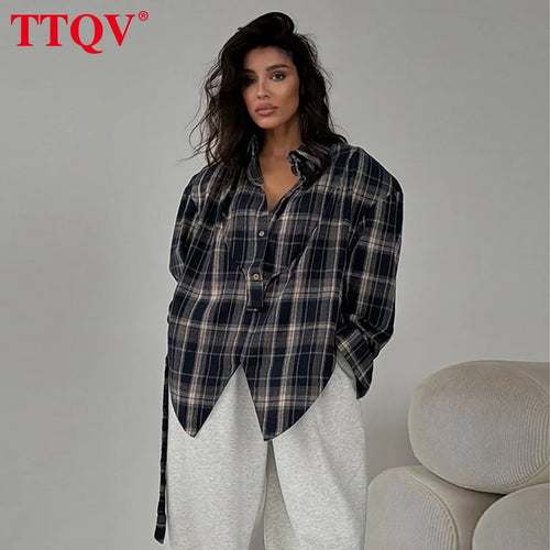 TTQV Fashion Loose Plaid Women's Blouse 2026 Vintage Lapel Long Sleeve