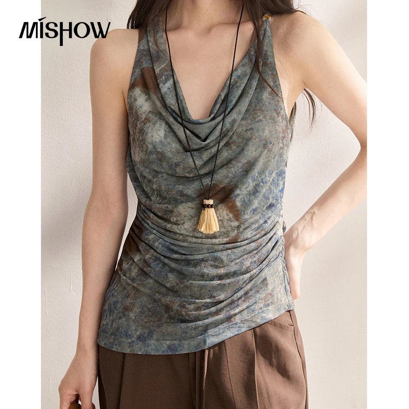 MISHOW Women Blue Handmade Tie-Dye Tank Top 2026 Summer New Cowl Neck