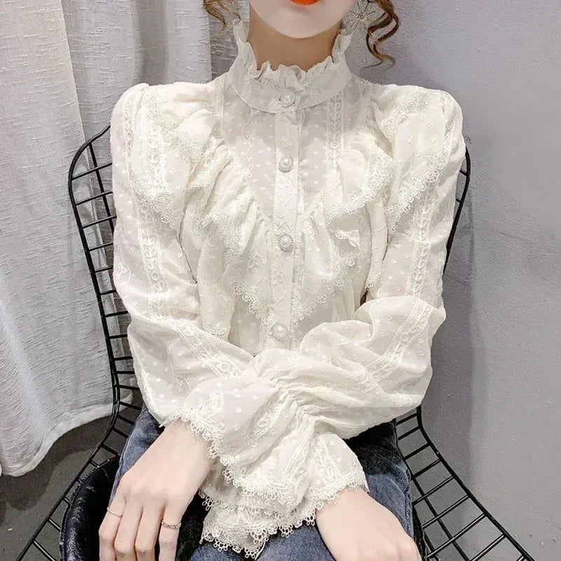 Long Sleeve Loose Spring Fashion Button White Shirt Elegant Stand