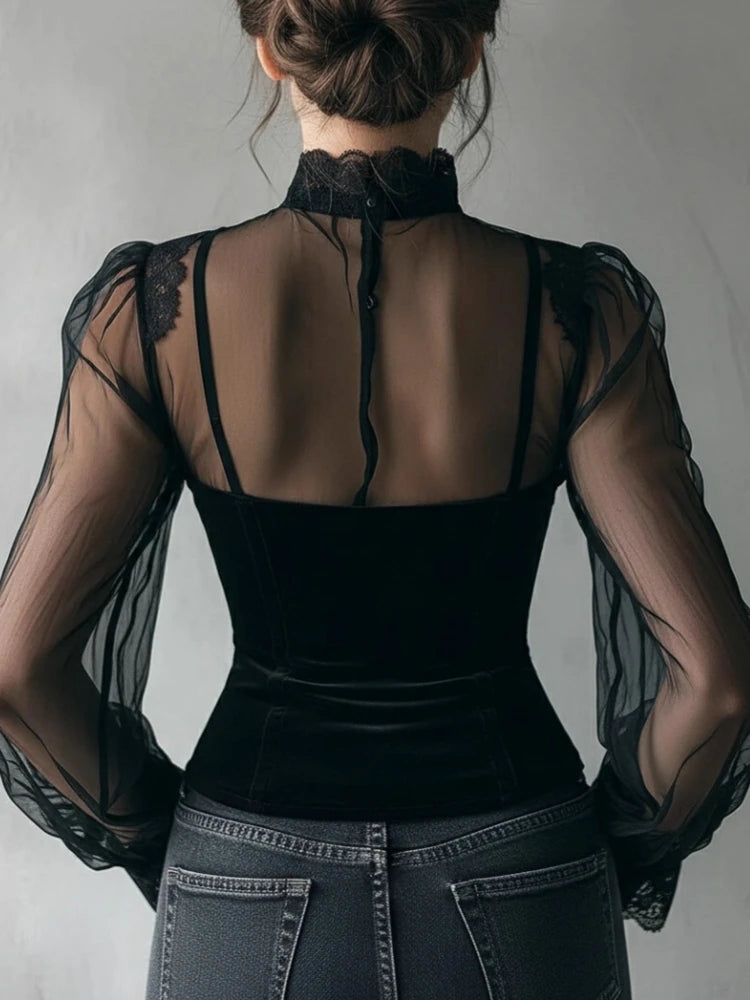 French Style Black Shirts Elegant Lace Patchwork Velvet Women Blouses