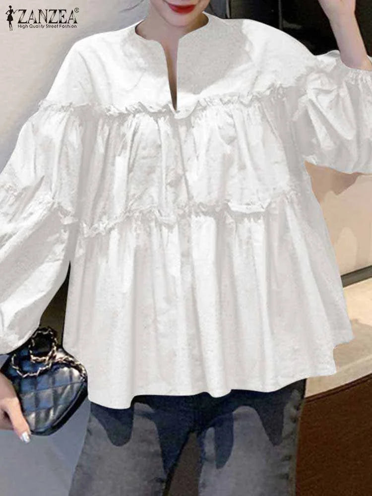ZANZEA Fashion Women Long Puff Sleeve Blouse Autumn Spring Eelgant