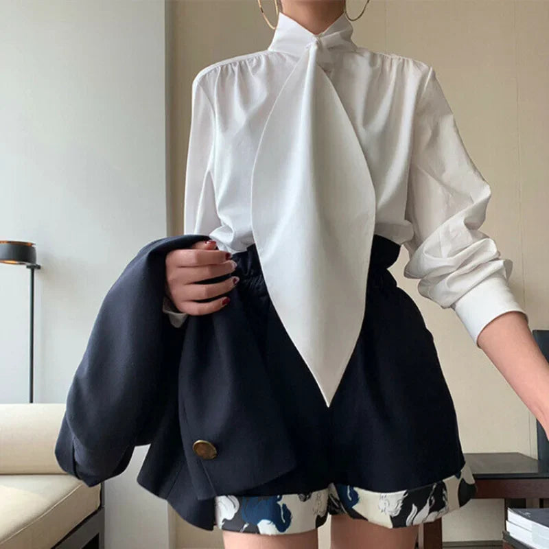 Bonboho Women's White High Neck Blouse With Statement Tie 2026 Spring