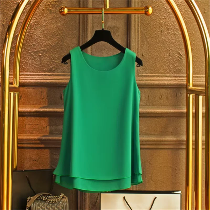 Women Tank Top White Blue Red Chiffon Summer O Neck Sleeveless Tops