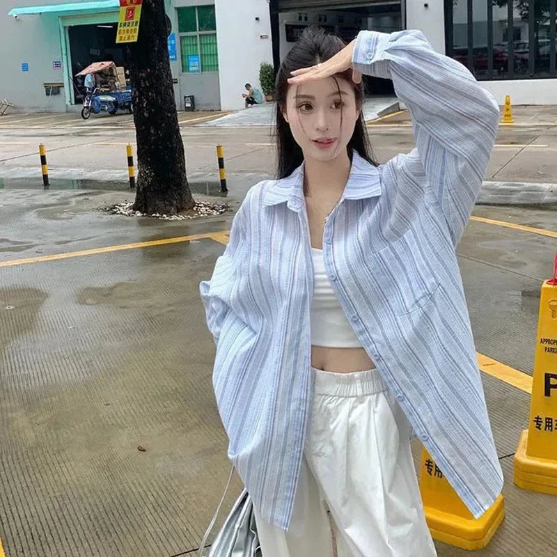 Pink Striped Shirt Women Korean Style Loose Long Sleeved Button Up