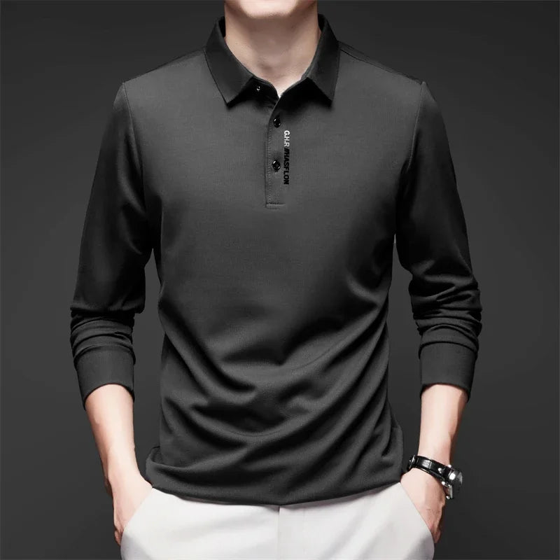 New Men's Business Casual Long Sleeved Shirt with Badge Solid Color