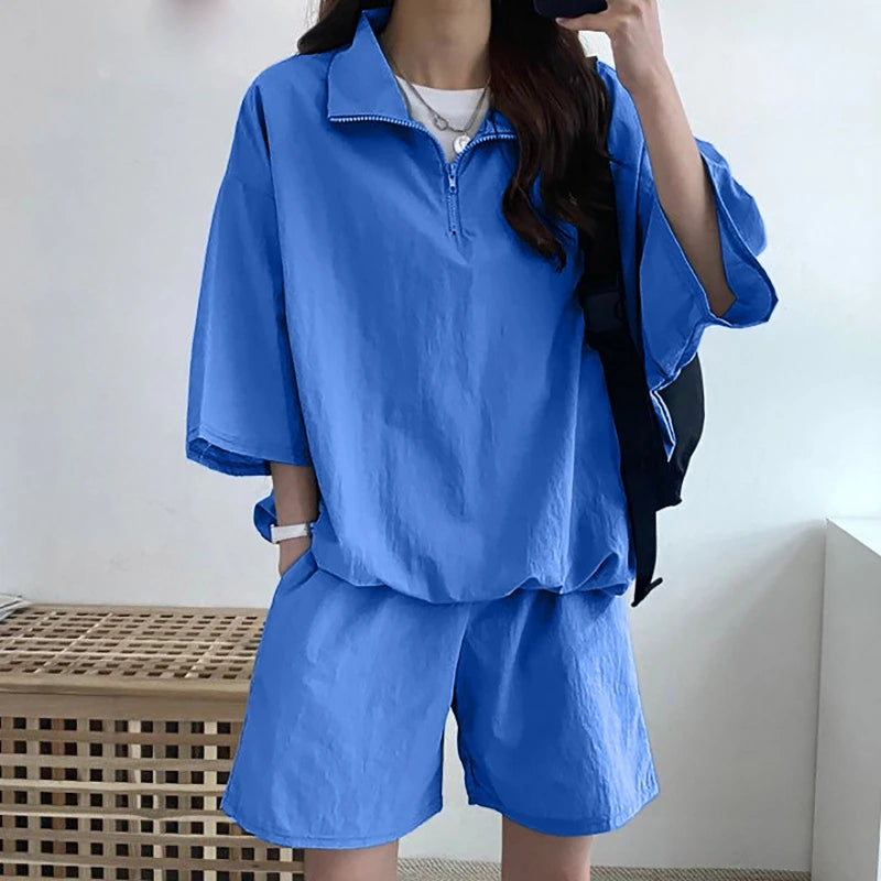 New in Summer Korean Chic Sports Leisure Polo Shirt Set Women's Loose