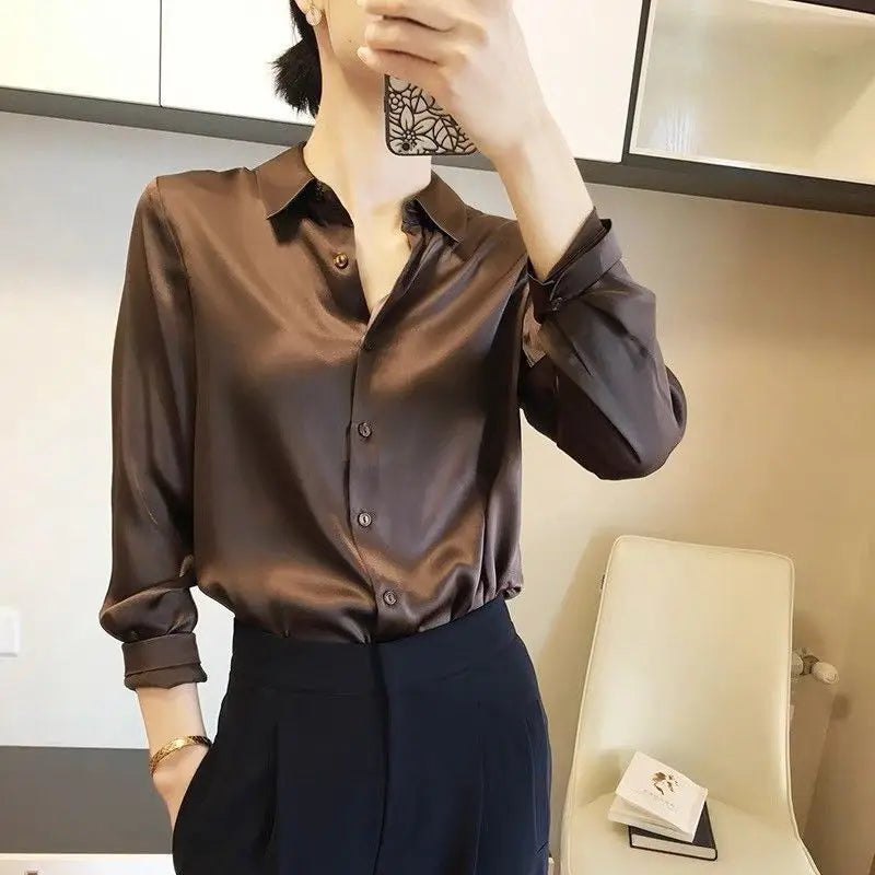 All-match Satin Finish Shirts And Blouses Women Clothing Casual Top OL