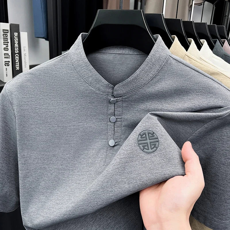Men's Mandarin Collar Short Sleeve T-Shirt Casual Chinese Style Button