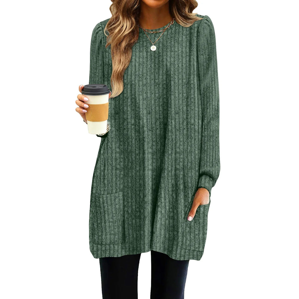 New Spring Women Long Shirts Puff Long Sleeve Round Neck Casual Loose