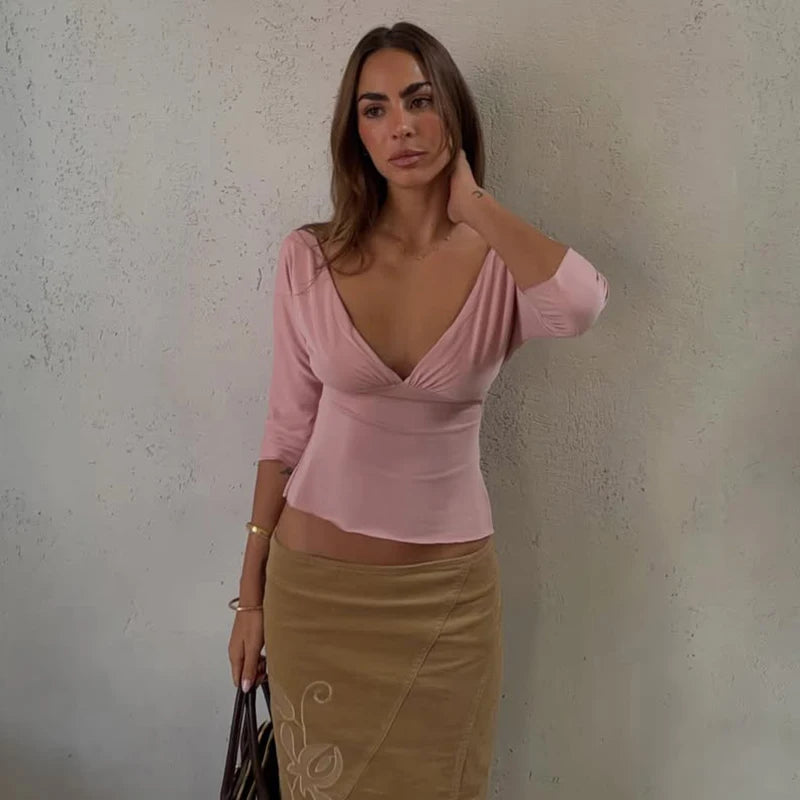 Sexy V-Neck T-shirts Women Tops Summer Long Sleeve Slit Solid Pullover