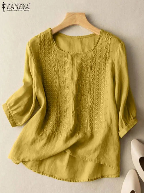 ZANZEA Summer Vintage Lace Crochet Blouse Women O Neck 3/4 Sleeve Tops
