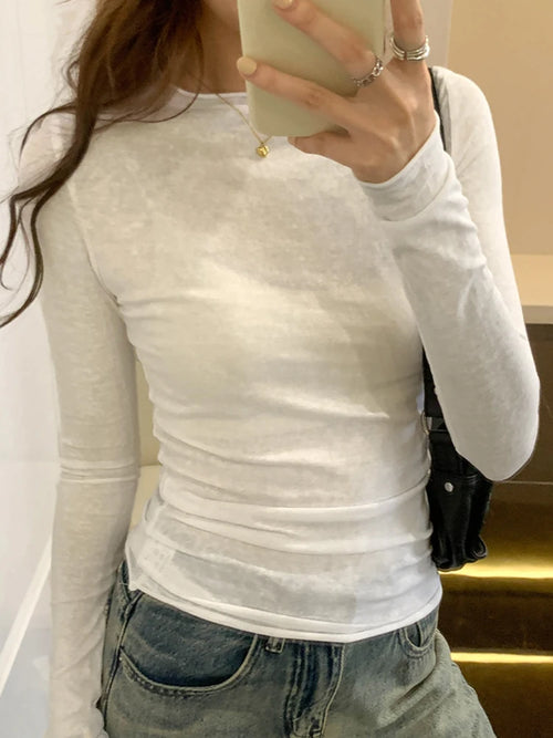 2024 Spring Autumn T shirt Women Tops Solid Slim Fit Long Sleeve O
