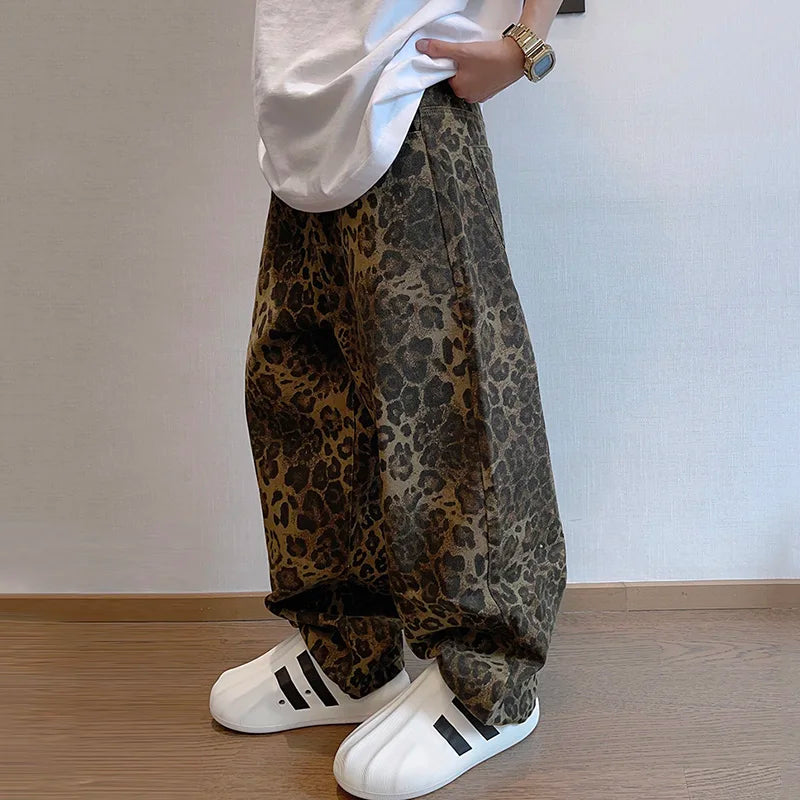 Men Loose Wide Leg Leopard Graphic Jeans Male Classic American Vintage