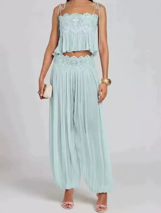 Beach Floral Lace Hollow Out Women's Pants Sets Ruffles Spaghetti