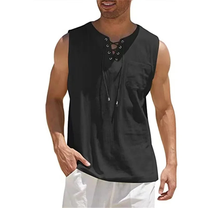 Cotton Linen Shirts Men's Casual Sleeveless Vest Lace Up Shirts Retro