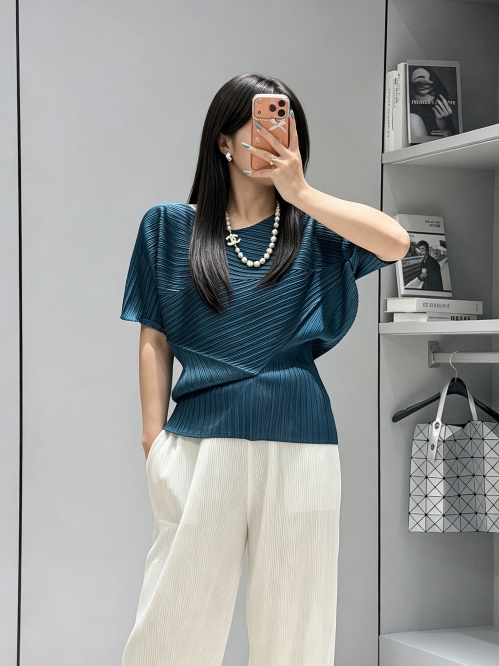 YUDX Vibrant Cyan Blue Miyake Pleated Asymmetric Short Sleeve Top,