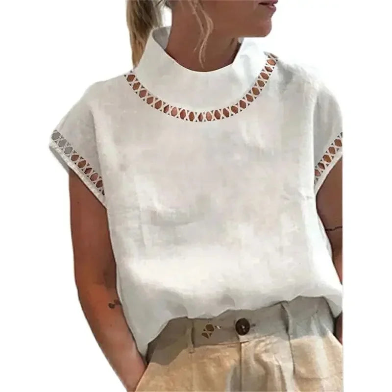 Women Turtleneck Hollow Out Splice Pullover Shirt Summer Solid Color
