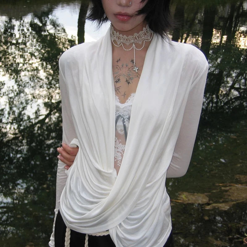 Karrram Japanese Y2k Cross Tops Trashy 2000s Style V-neck Long Sleeve