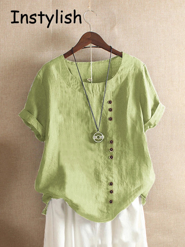 Vintage Harajuku Button T Shirt Casual Summer Short Sleeve Cotton