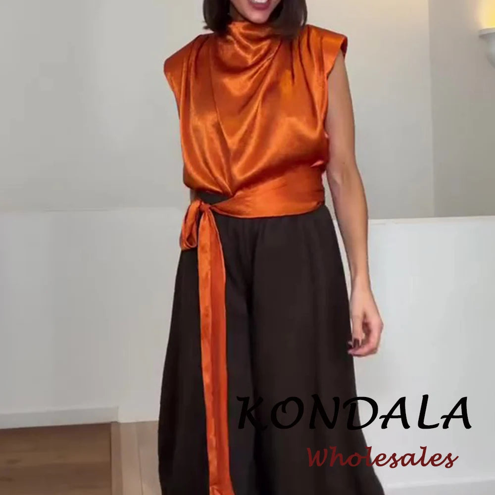 KONDALA Orange Short Lace-up Bow Woman Vest Asymmetric Tank Night