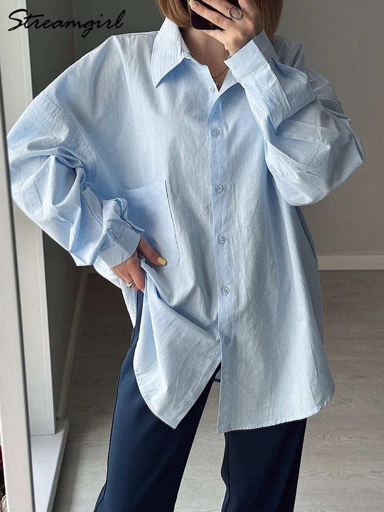 White Basic Oversized Button Up Shirts Women Summer Cotton Office Wear