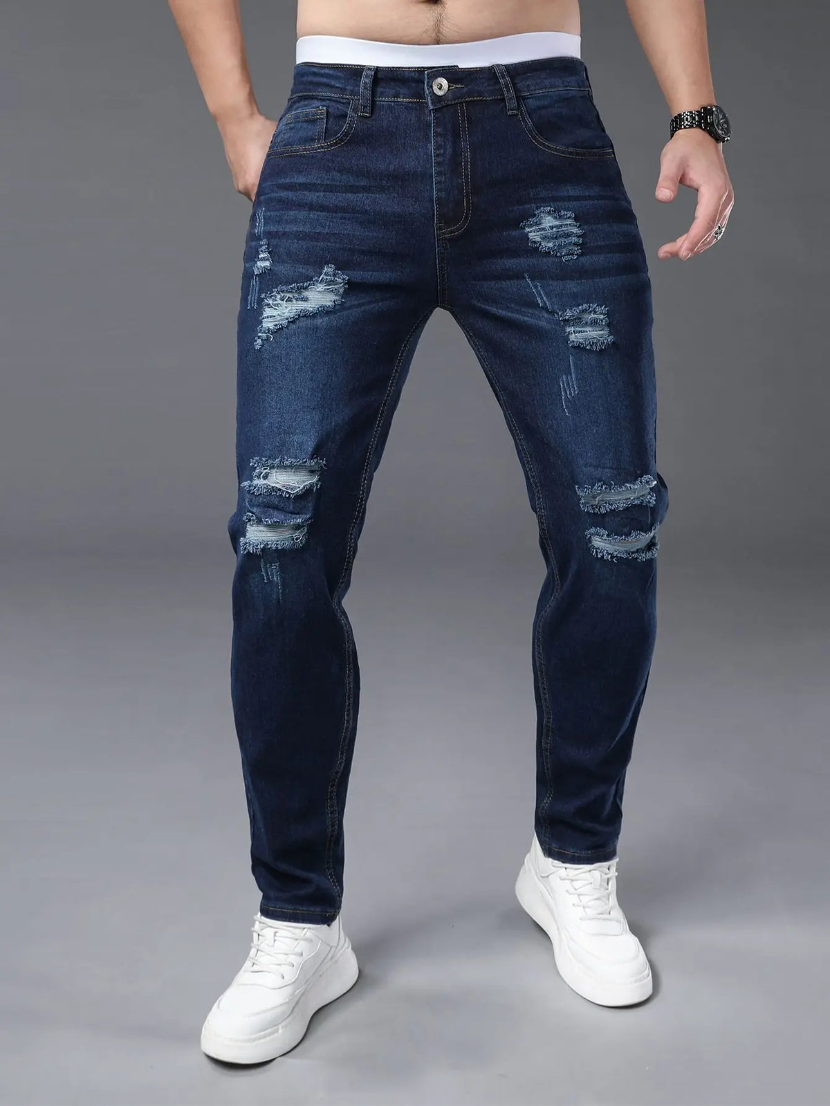 Men's plus size tight jeans with elastic holes, fashionable slim fit,