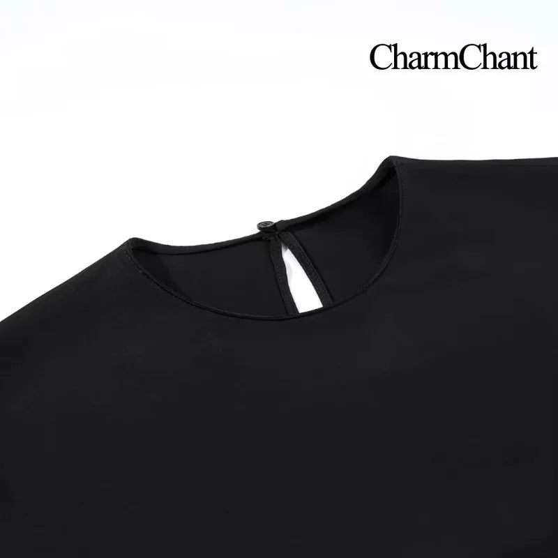 CharmChant Black Satin Asymmetrical Lace Long-Sleeve Shirt for Women