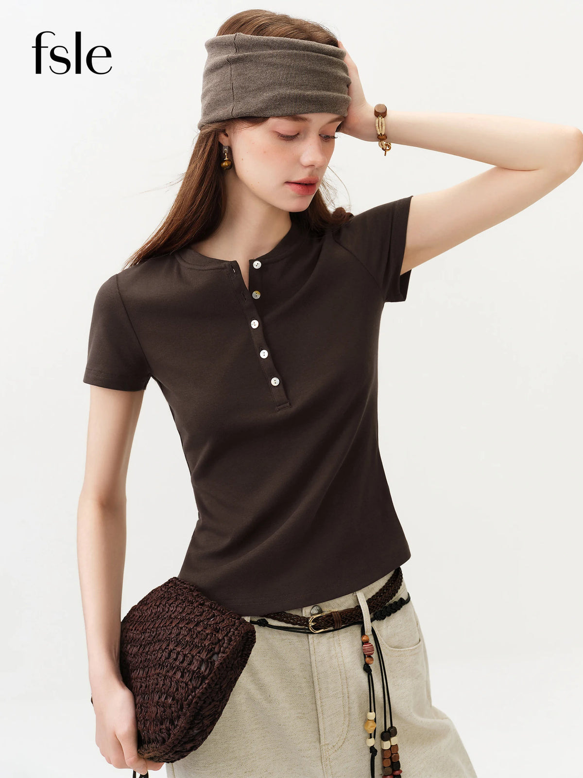 FSLE New Summer Women's Fitted Short Sleeve White T-Shirt with Buttons