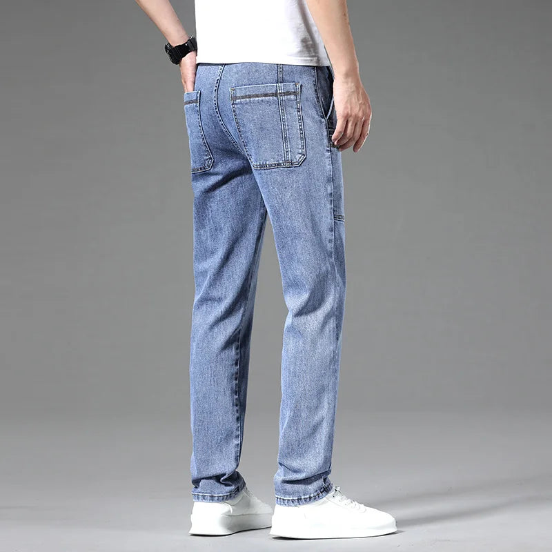 Spring Men's Elastic Jeans Straight Leg Workwear Wide Pockets