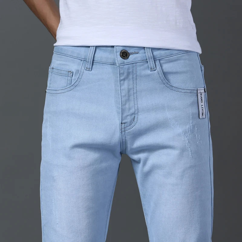 Men Business Casual Straight Narrow Leg Jeans Light Blue Gray Stretch