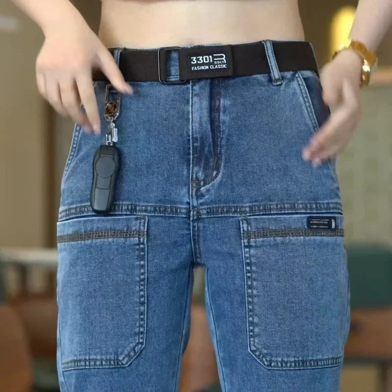 Spring Summer Thin Six Pocket Men's Jeans Elastic Straight Leg Casual