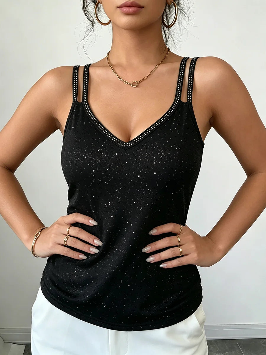 Womens Cami Top Dual Strap Glitter Vneck Cami Tee Rhinestone Tank Top