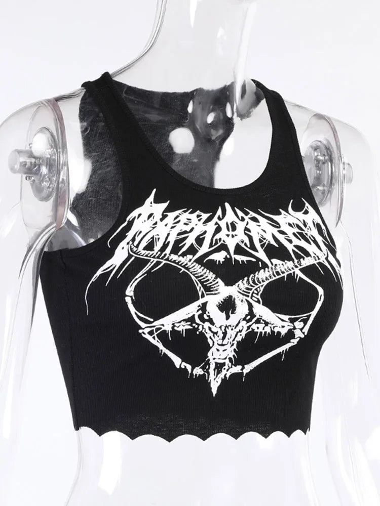 Gothic Knitted Punk Black Tank Tops Mall Goth Grunge Goat Print
