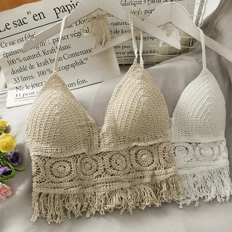 2024 Crop Tops Retro Wild Hollow Perspective Tassel Sexy Spaghetti